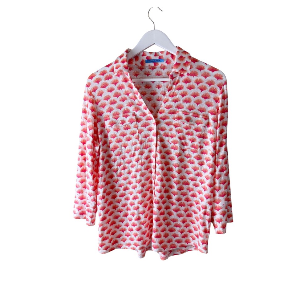 J.McLaughlin Womens Linen Blend Orange Pink Abstract Print Button Down‎ Shirt L